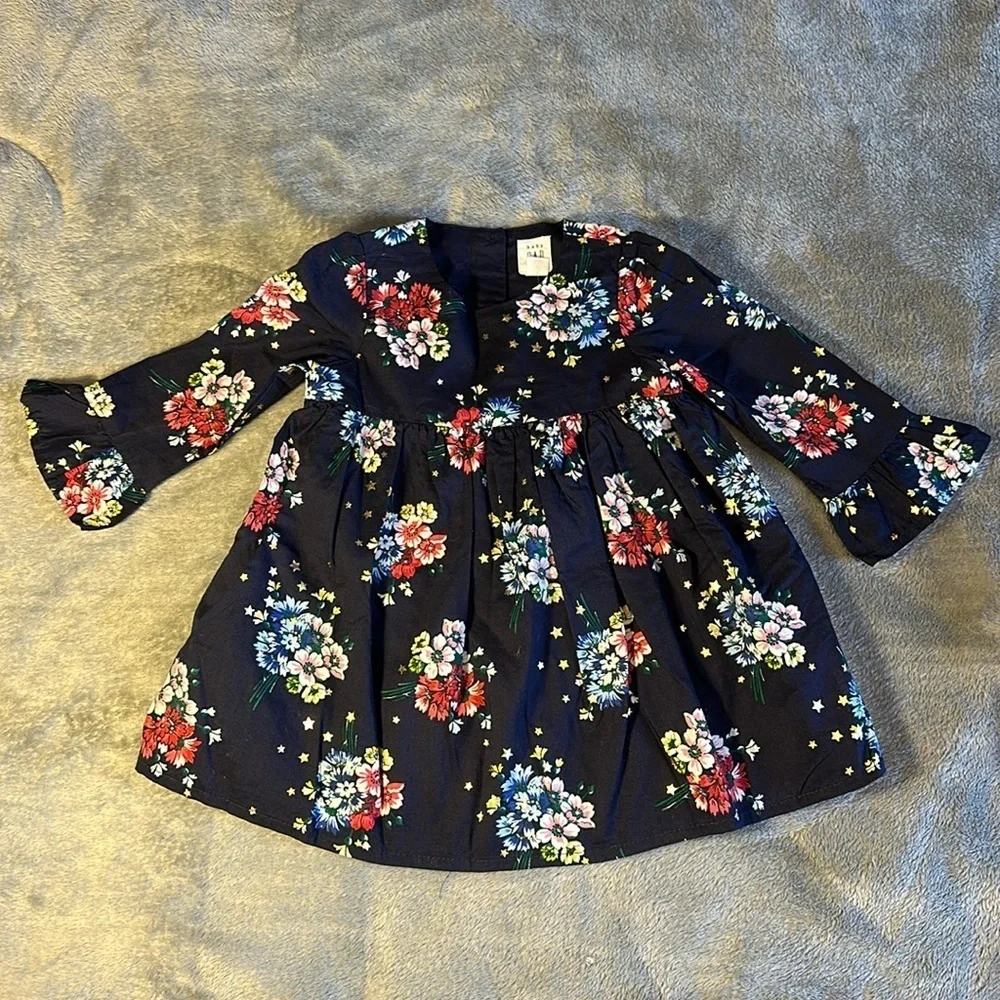 NWT Dark Blue Baby Gap dress flowers with gold stars Size 6-12m